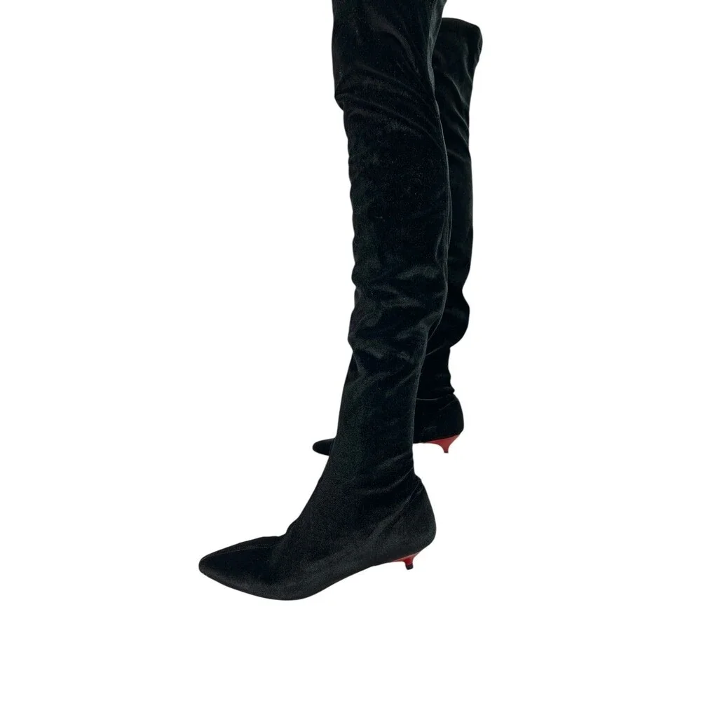 Gia Couture Boom Black Velvet Over The Knee OTK Boots Red Kitten Heels EU 38, 8